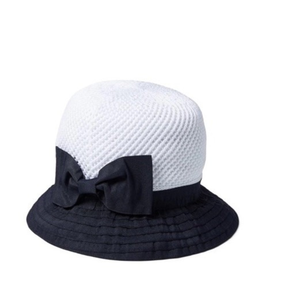 Badgley Mischka O/S Crochet Crown Bow Adjustable Bucket Hat White Navy 8BRQ0335H